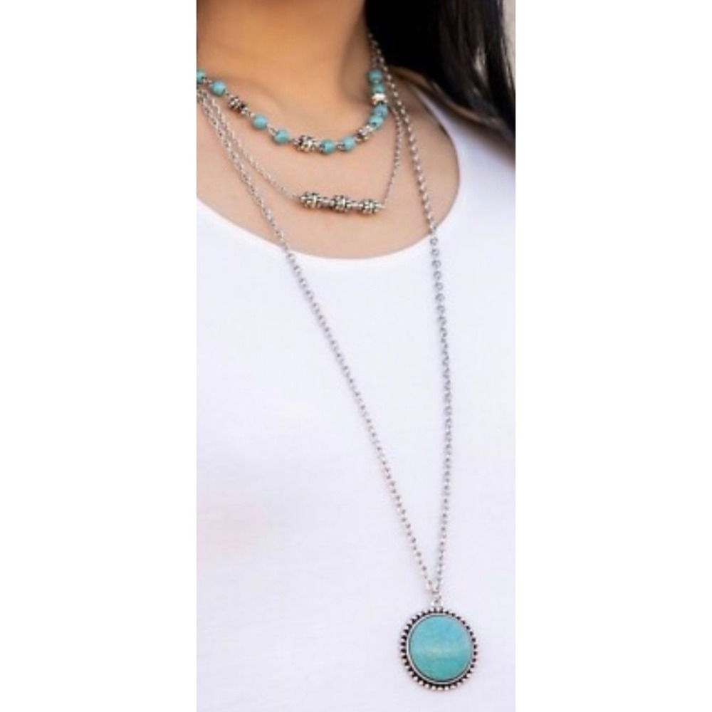 #16. Silver-toned Triple-Layered Turquoise Necklace